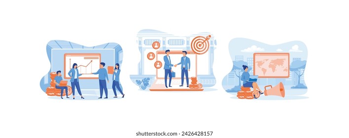 Professional marketers service, advertising business, affiliate marketing management concept, affiliate marketing management concept. Business marketing set flat vector modern illustration 