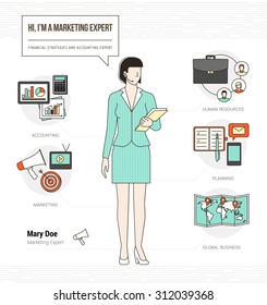 Professional marketing expert infographic skills resume with work tools, equipment and icons