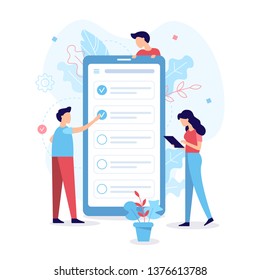 Professional marks the completed tasks in the task manager. Time management concept. Flat vector illustration.