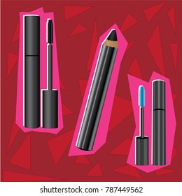 Professional mascara and eye pencil on a bright abstract background. Vector illustration