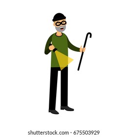 Professional masked burglar character with a crowbar and a flashlight vector Illustration