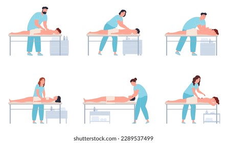 Professional massage therapists. People with spinal problems are treated with massage. Relaxing body warm-up. Vector illustration