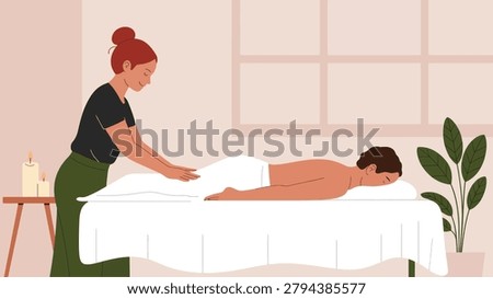 professional massage therapy session at wellness spa with therapist providing body treatment relaxation healthcare and stress relief vector illustration