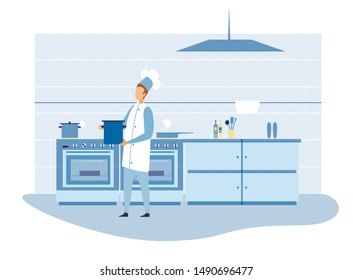 Professional Master Chef Preparing Food in Kitchen Cutout Illustration. Male Cook in Uniform Carrying Pot with Soup. Flat Furniture, Stove, Utensils. Vector Restaurant Cook-Room and Staff at Work