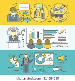 Professional master class seminar presentation. Conference and training, business communication, infographic and organization, teach and education, meeting and personnel. Set of thin, lines flat icons