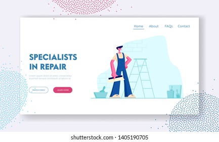 Professional Master in Uniform Hold Scrapper, Construction Worker with Tool. Man with Equipment for Home Repair and Improvement Website Landing Page, Web Page. Cartoon Flat Vector Illustration, Banner