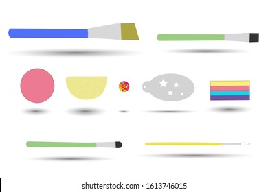 Professional materials for face painting. Brushes, paints, sponges, sequins, stencils. Vector image. Isolated on a white background. It can be used in booklet designs, magazines, books, and websites.