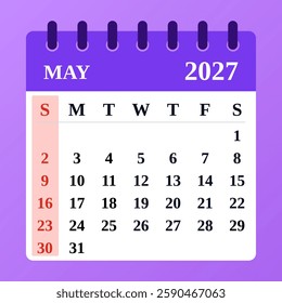 Professional May 2027 calendar template with a structured format. Ideal for work schedules, deadlines, and daily planning.

