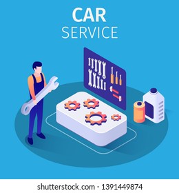 Professional Mechanic Car Service Advertisement Banner. Master Standing with Huge Spanner near Toolbox and Plastic Bottles with Working Auto Liquids for Change. Vector 3d Isometric Illustration