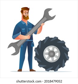 Professional mechanic holding big spanner with big tire illustration