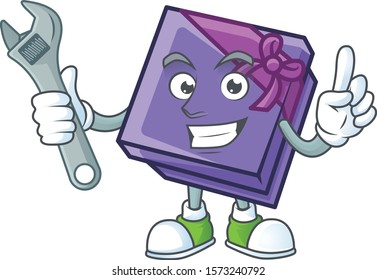 Professional Mechanic purple gift box mascot cartoon character style