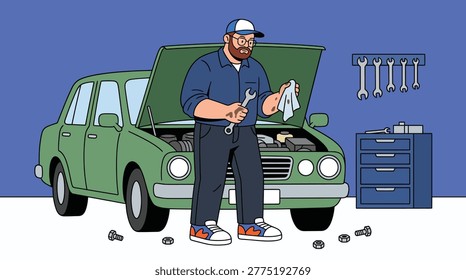 A professional mechanic stands in front of a car with an open hood, holding a wrench and rag, ready to fix the engine in a modern garage workshop set.
