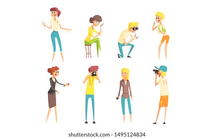 Professional Media People Set, Journalists and Photographers Characters at Work Vector Illustration