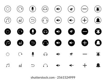 Professional Media Player Icon Pack, Includes Play, Stop, Next, Previous, Volume, and Settings Buttons.