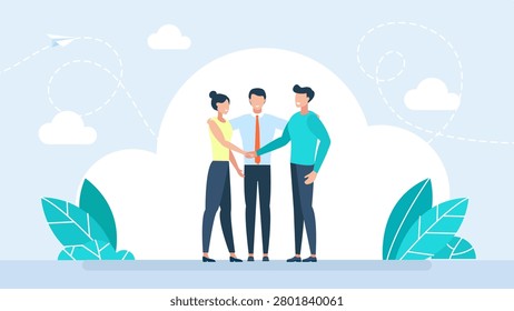 Professional mediator or lawyer helping a man and woman reach peaceful reconciliation, shaking hands to seal a successful agreement or contract compromise. Vector illustration.