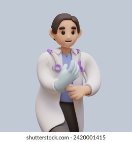 Professional medic in coat with stethoscope puts on medical gloves
