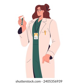 Professional medic in doctors coat holds tube. Clinic worker, health scientist makes lab research. Medical laboratory. Woman works in healthcare. Flat isolated vector illustration on white background