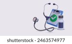 Professional medical clinic concept banner in 3d realistic style with stethoscope, pills, clipboard. Vector illustration