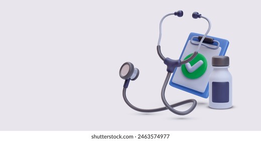 Professional medical clinic concept banner in 3d realistic style with stethoscope, pills, clipboard. Vector illustration