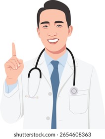 Professional Medical Doctor in White Coat Smiling and Pointing Upward