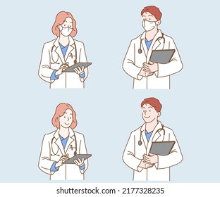 Professional medical doctors wearing protective mask. Hand drawn in thin line style, vector illustrations. (A Mask can be removable)