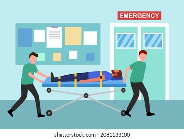 Professional medical emergency staffs carrying patient to hospital  emergency room in flat design.