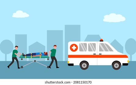 Professional medical emergency staffs carrying patient to hospital ambulance in flat design.
