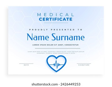 professional medical health certificate template with ecg graph design vector
