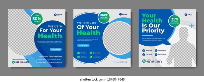Professional Medical Healthcare Service Social Media Post Template Design. Clinic Or Hospital Digital Marketing Flyer For Web. Creative Health Business Promotion Banner For Doctor, Dentist With Logo.