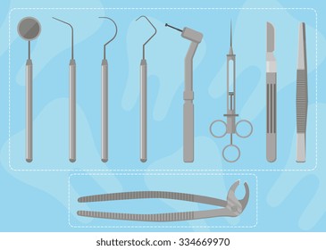 Professional Medical Instruments dentist, vector illustration. 