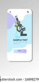 professional medical laboratory microscope plant growing in test tube scientific research equipment biology science education concept smartphone screen mobile app vertical vector illustration