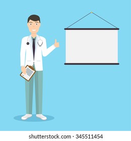 Professional medical male doctor character giving medical presentation with copy space for text. Healthcare. Vector illustration.