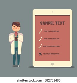 Professional medical male doctor character deign showing tablet computer in hospital for presentation with copy space for text. healthcare - vector illustration