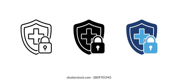 Professional medical privacy and clinical data protection shield padlock symbol set featuring creative hospital secure compliance and healthcare legal regulation design, Vector illustration