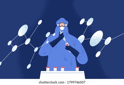 Professional medical scientist worker in hazmat suit testing new vaccine for disease cure or biology research. Flat cartoon character doing experiment with syringe in modern chemistry lab station.