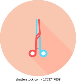 Professional medical scissor in circle icon with long shadows. Surgical Instrument, Medical clamp, hairstyle scissor icon. Medical equipment. Scissors icon vector illustration.	