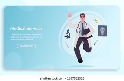 Professional medical service. Doctor character design. Scientist doing research. Cartoon vector illustration. Doctor's day. Online consultation and treatment. Healthcare concept. 