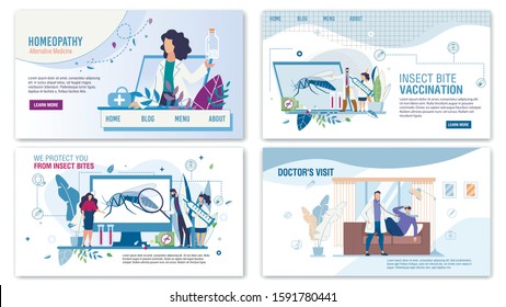 Professional Medical Services for Help Trendy Flat Landing Page Set. Homeopathy, Anti Insects Bites Infection Vaccination, Home Doctors Visit Call for Consultation. Vector Cartoon illustration