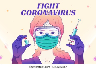 Professional medical staff holding vaccine and syringe for COVID-19 on light yellow background