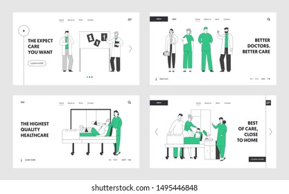 Professional Medical Staff at Work in Hospital Website Landing Page Set. Doctors and Nurses Work with Patients in Clinic, Concilium Meeting Healthcare Web Page Banner. Cartoon Flat Vector Illustration