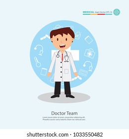 The  professional medical team for health life concept with logo, little doctor boy, girl in gown suit and cartoon act  - vector illustration Eps 10.