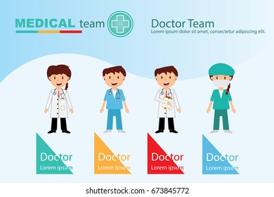 The  professional medical team for health life concept with logo, little doctor boy, girl in gown suit and cartoon act  - vector illustration Eps 10.