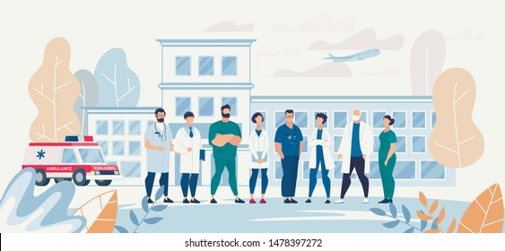 Professional Medical Team Staff in Clinic Yard. Affable Specialist Group on Clinic Backdrop. Surgeons, Nurses, Therapists, Dentists and other Practitioners. Vector Flat Cartoon Illustration
