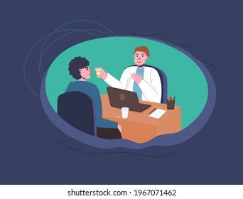 Professional medical treatment. Therapist consultation. Doctor appointment. Remedy recommendation. Prescription from specialist. Medical concept. Editable vector illustration. Horizontal background