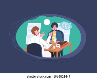 Professional medical treatment. Therapist consultation. Doctor appointment. Remedy recommendation. Prescription from specialist. Medical concept. Editable vector illustration. Horizontal background