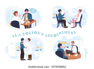 Professional medical treatment. Therapist consultation. Doctor appointment. Remedy recommendation. Prescription from specialist. Medical concept. Editable vector illustration. Horizontal background