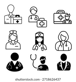 Conjunto de ícones profissionais de vetor médico com médicos, enfermeiros, profissionais de saúde, saúde cerebral, estetoscópio, kits de primeiros socorros, ferramentas cirúrgicas e elementos de atendimento ao paciente para projetos de clínicas.