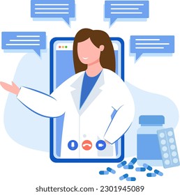 Professional medical worker on mobile screen calling to patient. Online consultation, issuing prescriptions and medical help to sick people. Flat vector illustration in blue colors