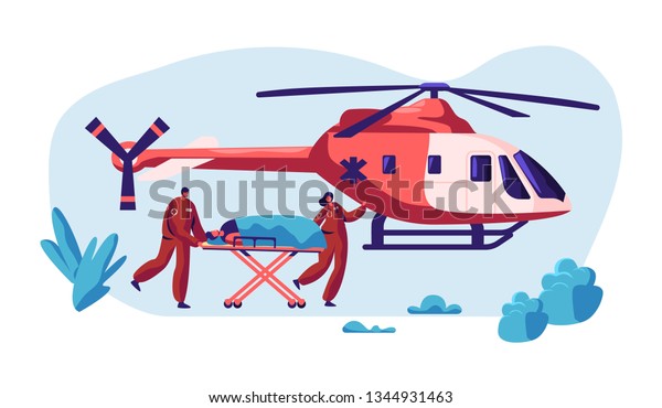 専門医療救助 救急医療施設にヘリコプターで運ばれる救急救命士の負傷者 Copter Fast Transportがクリニックに助けを求めます 平らなカートーンのベクターイラスト のベクター画像素材 ロイヤリティフリー