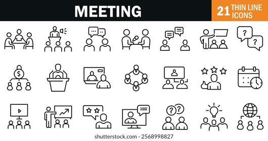 "Professional Meeting Icons Representing Business Collaboration, Scheduling, and Communication"